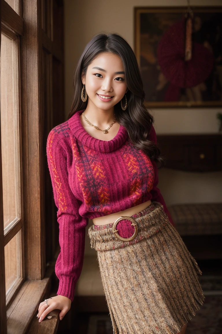 Half-length glamour portrait, nikon D850, f1.6 lens, 200mm, DSLR, 22 Megapixels, (((Inside villa scene))), shot of a stunning 19 years old korean girl, (smile:1.4), (wearing cobalt red wool sweater with a tweed skirt:1.6), ((seductive pose)), hot girl, (((big natural breasts))), (((black fringe hair))), (small girl), symmetrical face, photorealistic, photography, (bright natural lighting), gorgeous, deep cleavage, (masterpiece), best quality, high resolution, extremely detailed, cinematic lighting, (((very narrow waist))), rich colors, hyper realistic, lifelike texture, ((jewelry)), (((She has beautiful hands and wears rings))), (bracelet), (necklace), (ankle chain), (nail polish) (earrings), Fuji Superia 200, 8k