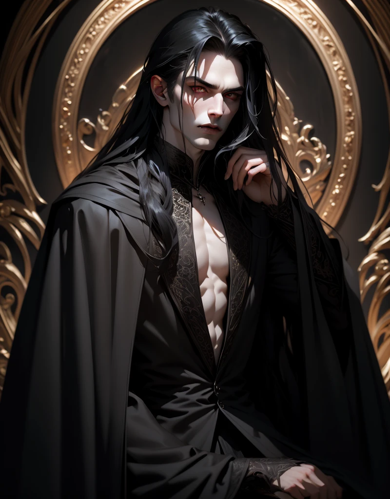 {anatomy}(Masterpiece - Ultra-detailed, very high resolution) Prepare to be enchanted by a true masterpiece that combines ultra-detailed art with high-resolution rendering. This work portrays a vampire man with long black hair (1.3) and captivating golden eyes (1.2), emanating an aura of mystery in dark settings. The intricate details and realistic textures invite you to explore every aspect of this enchanting composition. Vampire man wearing black cloak. Serious expressions. Pale skin like a vampire. Back. Seated. Standing. Next to.