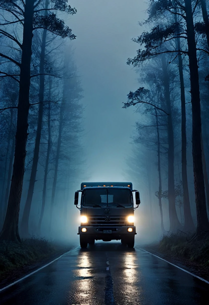 Create a dark and eerie thumbnail for a YouTube video titled 'Scary Truck Drive Story'. The image should feature a large, menacing trailer with headlights piercing through a foggy night on a deserted road. The truck should look old and slightly damaged, with an ominous presence. The background should be a dark, misty forest, adding to the sense of isolation and fear. Include subtle details like faint shadows or ghostly figures in the fog to enhance the scary atmosphere. The overall color scheme should be dark, with shades of black, grey, and hints of deep blue.  Ensure the image conveys a sense of suspense and horror, making viewers feel intrigued and frightened.