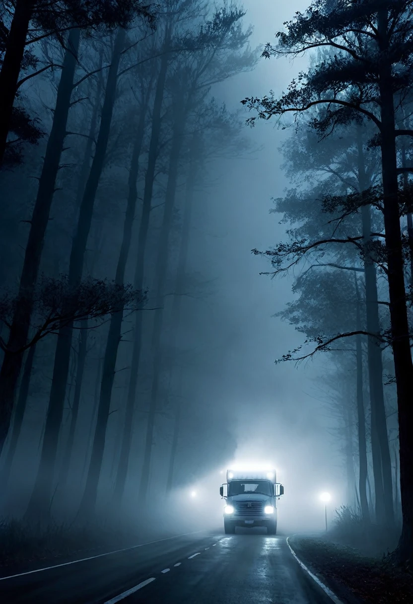 Create a dark and eerie thumbnail for a YouTube video led 'Scary Truck Drive Story'. The image should feature a large, menacing trailer with headlights piercing through a foggy night on a deserted road. The truck should look old and slightly damaged, with an ominous presence. The background should be a dark, misty forest, adding to the sense of isolation and fear. Include subtle details like faint shadows or ghostly figures in the fog to enhance the scary atmosphere. The overall color scheme should be dark, with shades of black, grey, and hints of deep blue.  Ensure the image conveys a sense of suspense and horror, making viewers feel intrigued and frightened.