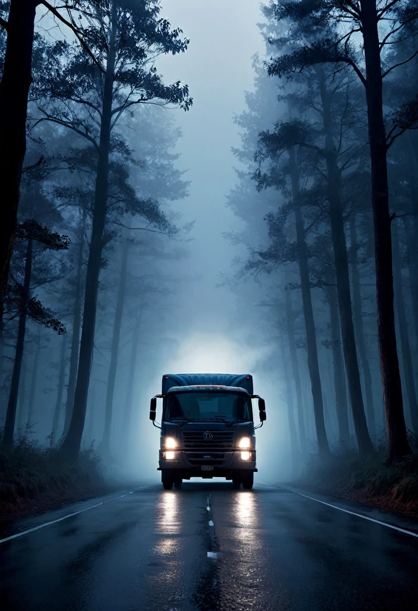 Create a dark and eerie thumbnail for a YouTube video titled 'Scary Truck Drive Story'. The image should feature a large, menacing trailer with headlights piercing through a foggy night on a deserted road. The truck should look old and slightly damaged, with an ominous presence. The background should be a dark, misty forest, adding to the sense of isolation and fear. Include subtle details like faint shadows or ghostly figures in the fog to enhance the scary atmosphere. The overall color scheme should be dark, with shades of black, grey, and hints of deep blue.  Ensure the image conveys a sense of suspense and horror, making viewers feel intrigued and frightened.