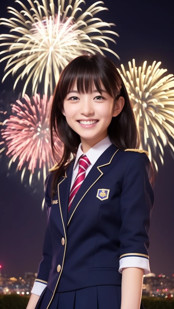 smile、high school girl、uniform、With fireworks in the background、Tokyo Sky Tree