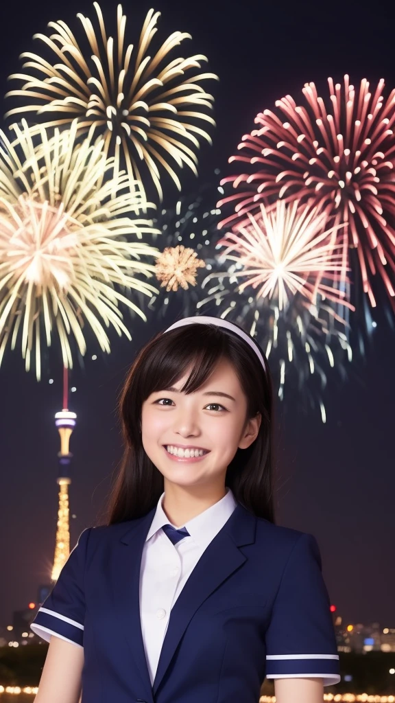 smile、high school girl、uniform、With fireworks in the background、Tokyo Sky Tree