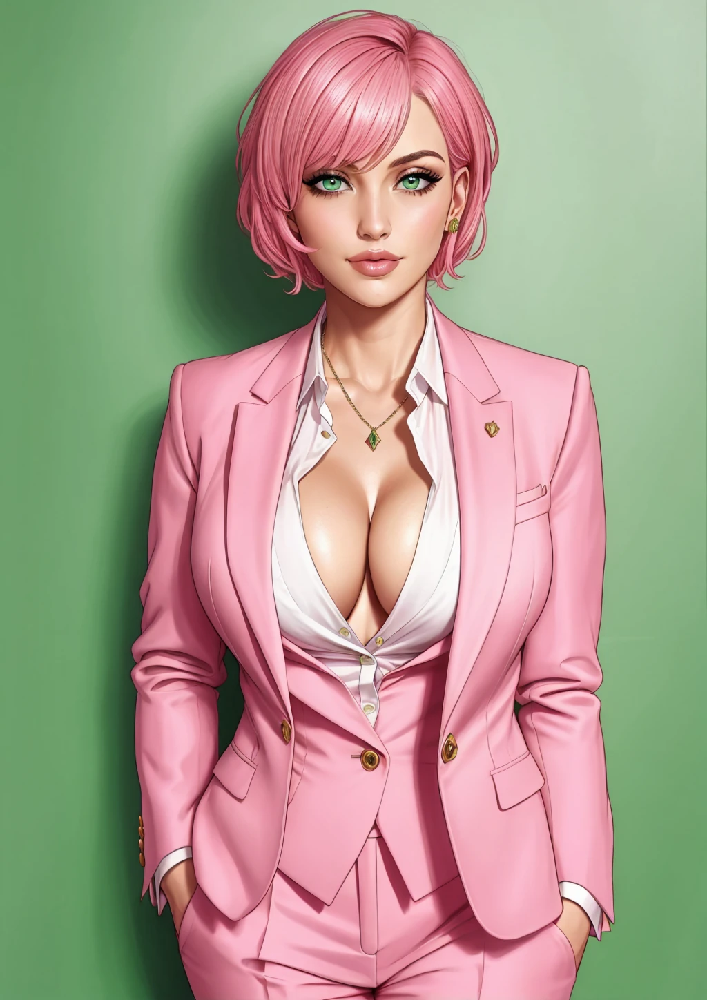 detailed woman in a suit, short pink hair, green eyes, cleavage