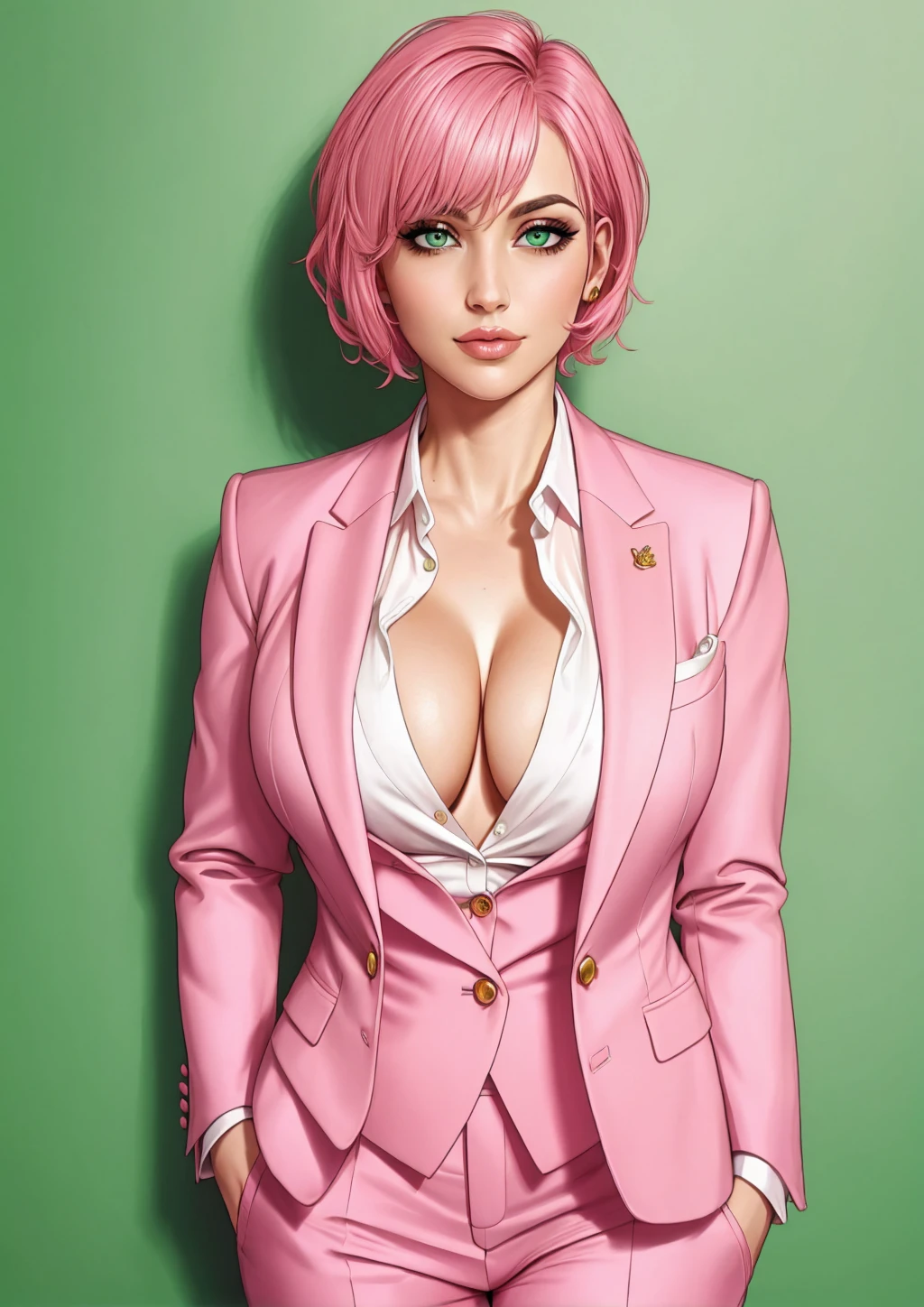 detailed woman in a suit, short pink hair, green eyes, cleavage