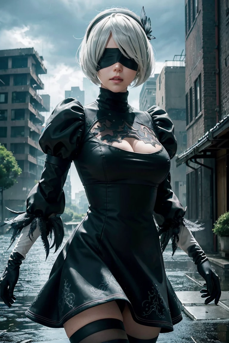 2B Nier Automata,Bobcut, Gray Hair,Long sleeve, Juliet Sleeve, White gloves, turtleneck, bangs, Feather ornament, Feather ornament sleeves, Blindfold, Black Goth Dress,Japanese Ultra HD,super high quality,masterpiece,Digital SLR,Photorealistic,Detailed details,Vivid details,Depicted in detail,A detailed face,Detailed details,Super Detail,Realistic skin texture,Anatomical basis,Perfect Anatomy,Anatomically correct hand,Anatomically correct fingers,Complex 3D rendering,Sexy pose,Rainy Sky,Beautiful scenery,Fantastic rainy sky,Fantasy worldview,Picturesque,Pink Lips,Black butterfly々Fluttering,A ruined world,A devastated battlefield,ruins,