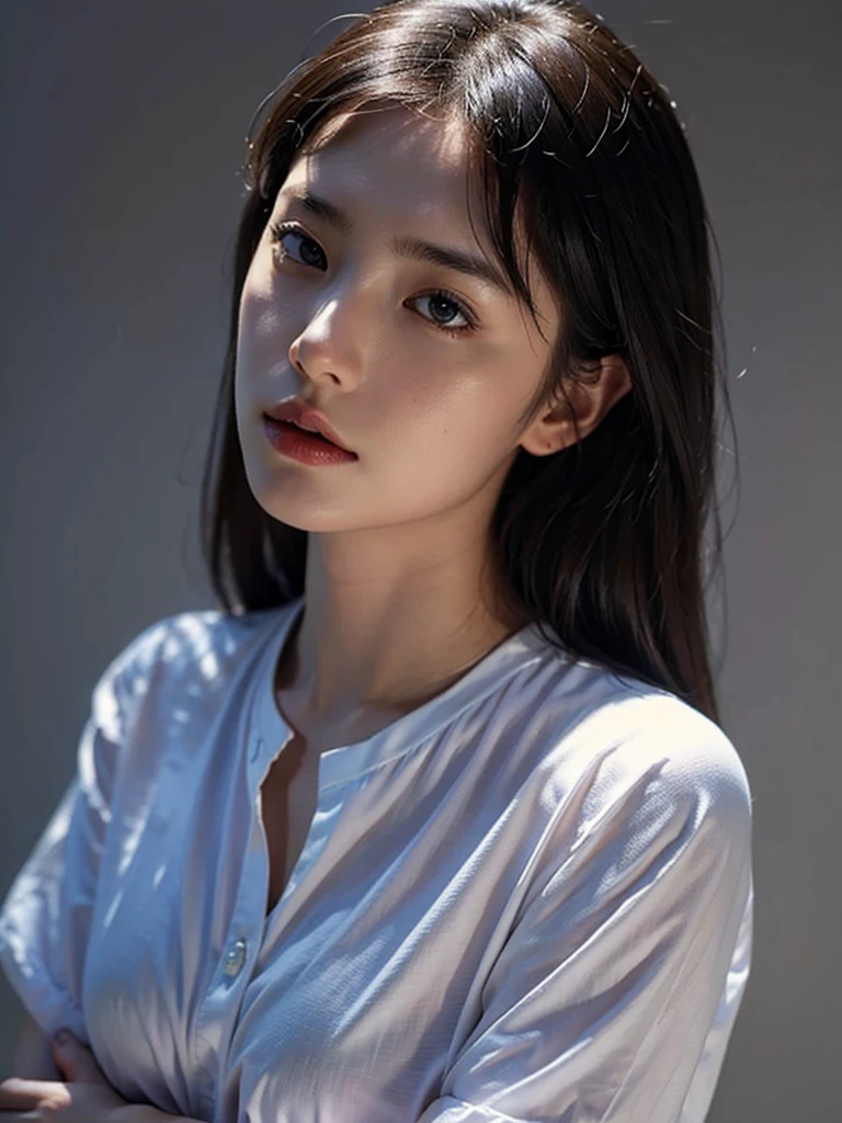 Highest quality、masterpiece、Ultra-high resolution、(Realism:1.4)、1 girl、In a pale background、Deep Shadow、Low Key、Shortcuts、Upper Body、sex appeal、Wearing a shirt