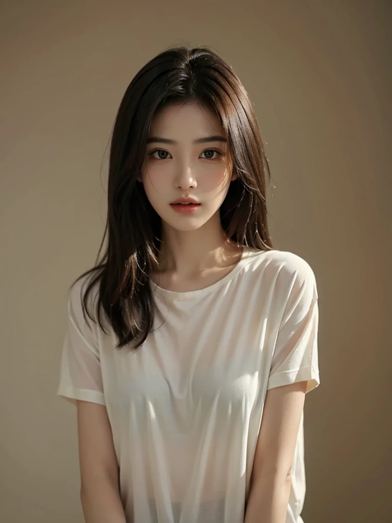 Highest quality、masterpiece、Ultra-high resolution、(Realism:1.4)、1 girl、In a pale background、Deep Shadow、Low Key、Shortcuts、Upper Body、sex appeal、Wearing a shirt