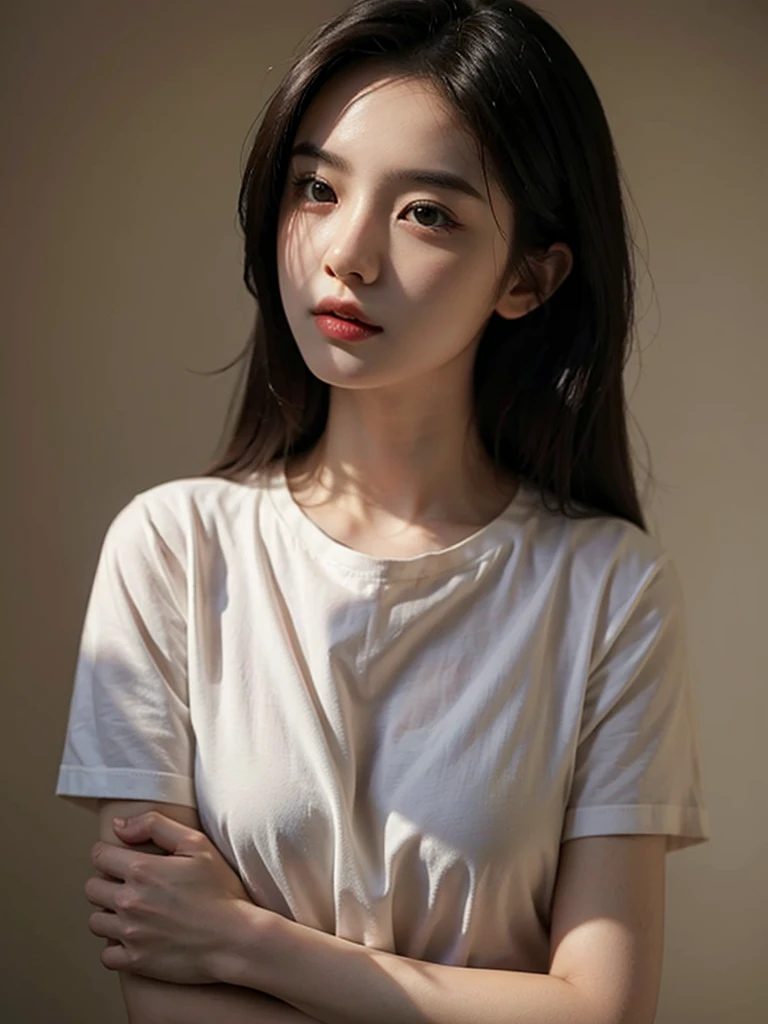 Highest quality、masterpiece、Ultra-high resolution、(Realism:1.4)、1 girl、In a pale background、Deep Shadow、Low Key、Shortcuts、Upper Body、sex appeal、Wearing a shirt