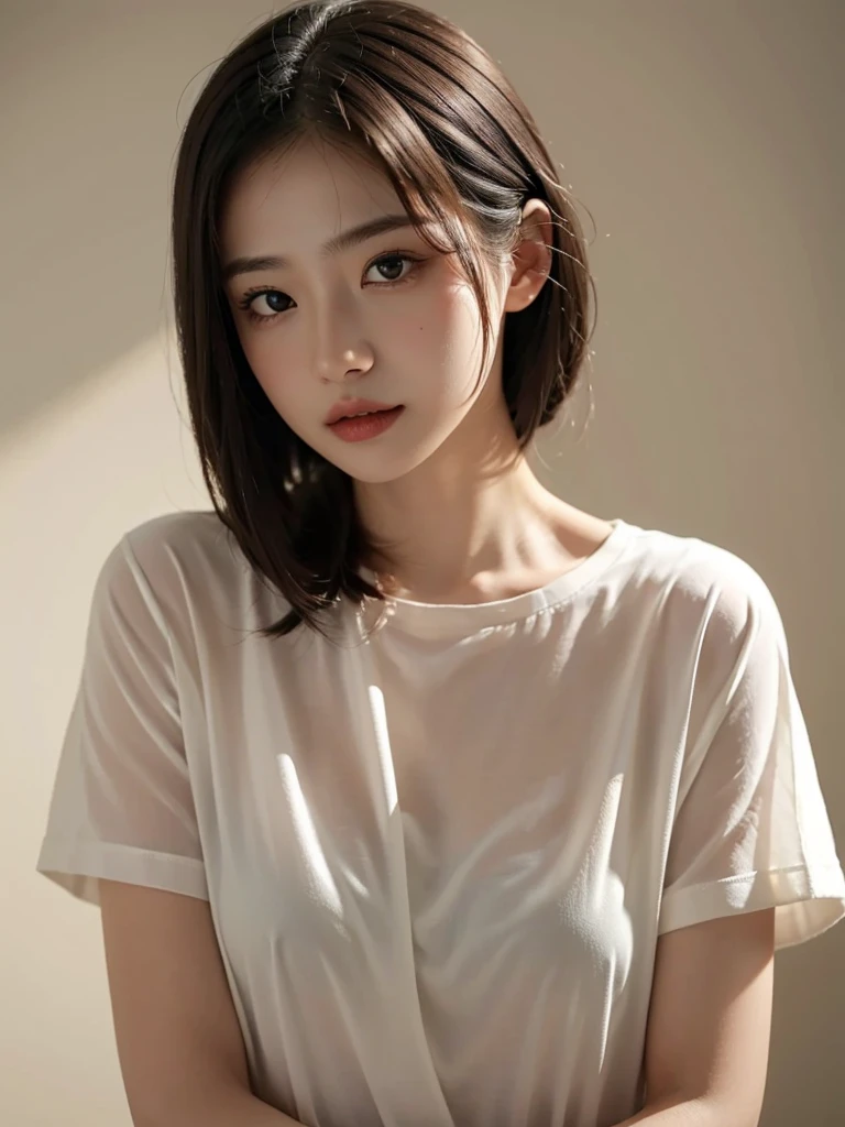 Highest quality、masterpiece、Ultra-high resolution、(Realism:1.4)、1 girl、In a pale background、Deep Shadow、Low Key、Shortcuts、Upper Body、sex appeal、Wearing a shirt
