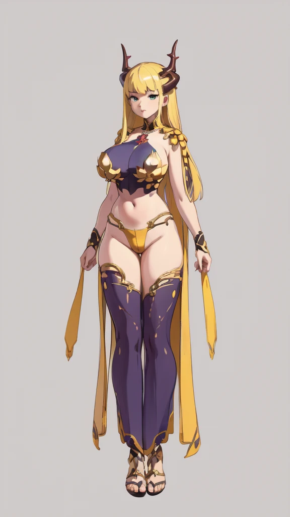 ((masterpiece,Best quality,8 k,A high resolution)),((character concept art)), 1 woman, young adult woman, Yellow medieval summer girl, concept, vines on the hand and horns from the vines, full length, whole body, magic hunter, White shorts, huge breasts, (standing still), (full body showcase), (показать whole body), (no logos on background), (no logo), ((simple background)), ((simple background)), (((empty background)))
