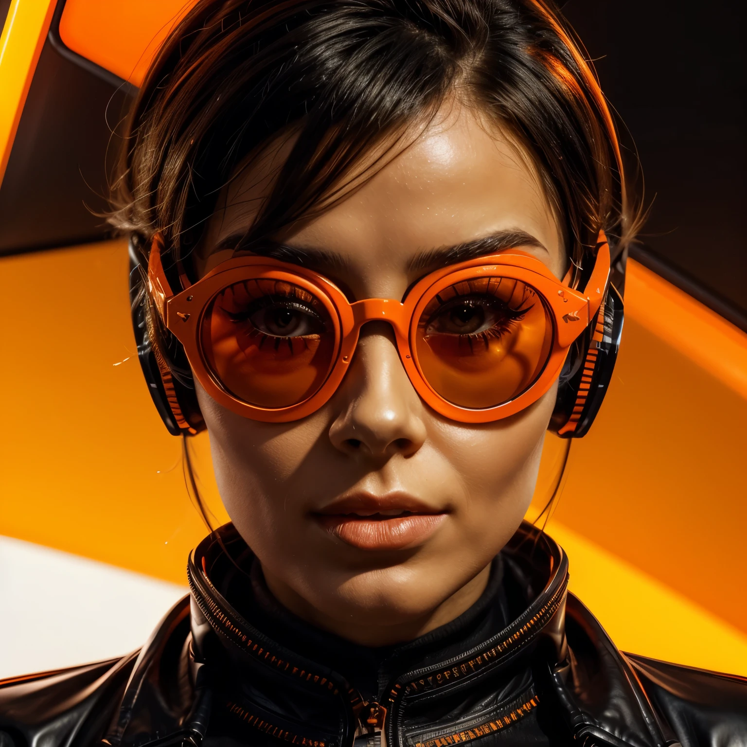 a close up of a woman wearing orange sunglasses and a black leather jacket, vector art by Andrei Kolkoutine, trending on zbrush central, retrofuturism, wearing orange sunglasses, orange sunglasses, futuristic sunglasses, fashionable futuristic woman, futuristic glasses lenses, retro futuristic fashion, orange skin, retro futuristic style, black and orange, photography alexey gurylev, futuristic look