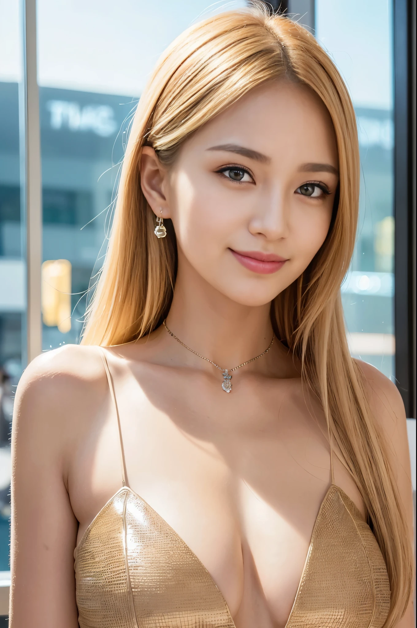 (masterpiece:1.4), (best quality:1.4), ultra high res, ((detailed facial features)), HDR, 8k resolution, (realistic, photorealistic, photo-realistic:1.37), closeup, beautiful Swedish woman, happy smile, (small breasts), beautiful makeup, platinum blonde hair, fair skin, slender figure, elegant posture, wearing large sparkling colorful jewelery, wearing a business style leather dress, standing in a large shopping mall, gentle sunlight shining through the shopping mall windows, casting a soft glow on her face, adding warmth to the scene, vibrant colors, capturing the essence of vibrant city life, portrait style, showcasing her natural beauty and grace in a feminine way