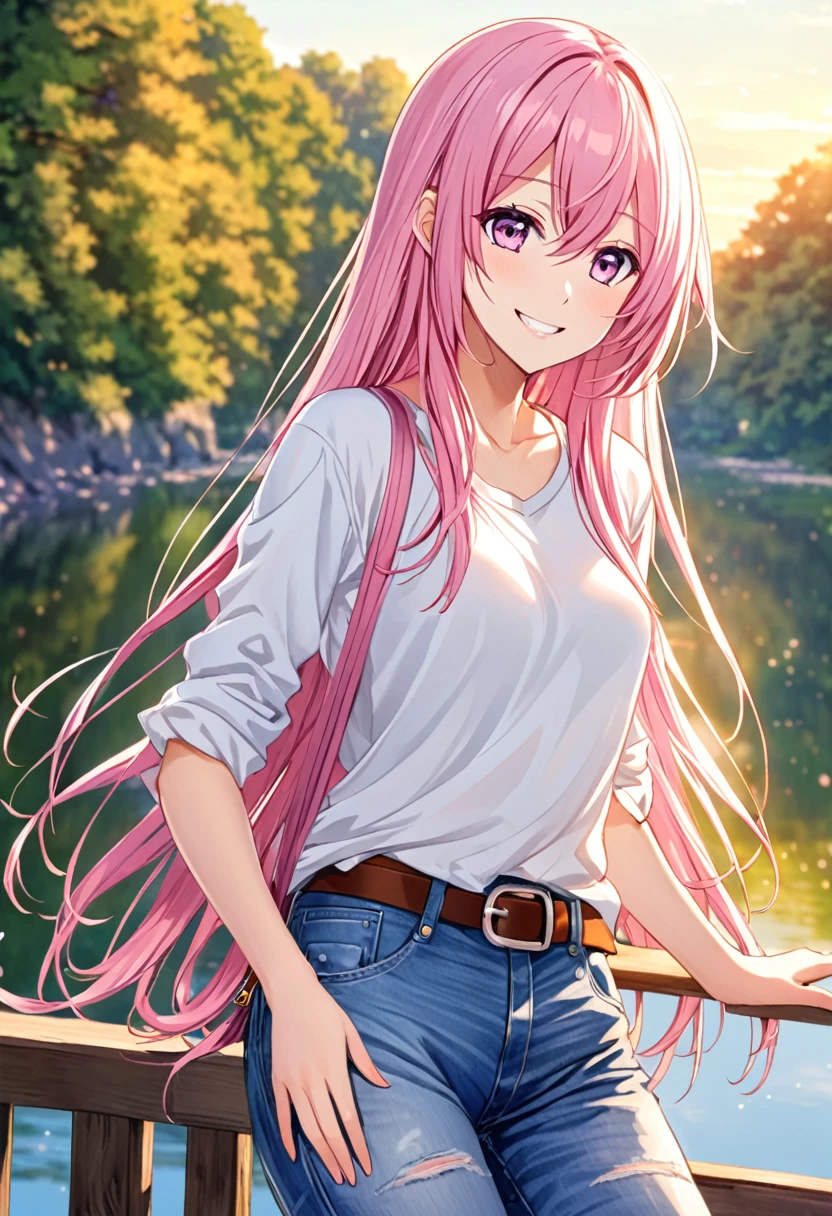 Megurine Luka smile casual clothes jeans pants colored morning peace upper body