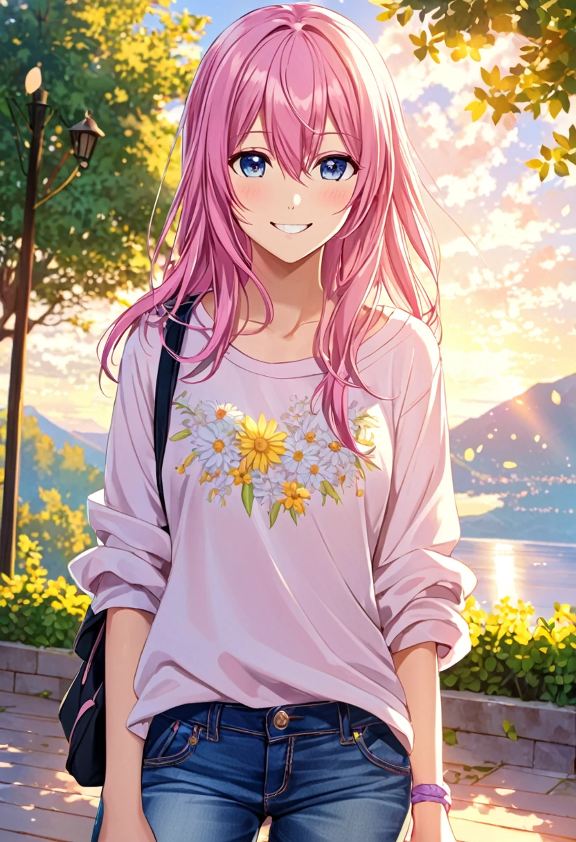 Megurine Luka smile casual clothes jeans pants colored morning peace upper body