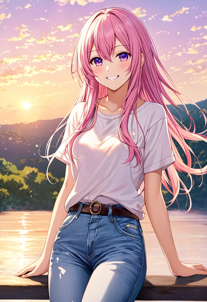 Megurine Luka smile casual clothes jeans pants colored morning peace upper body
