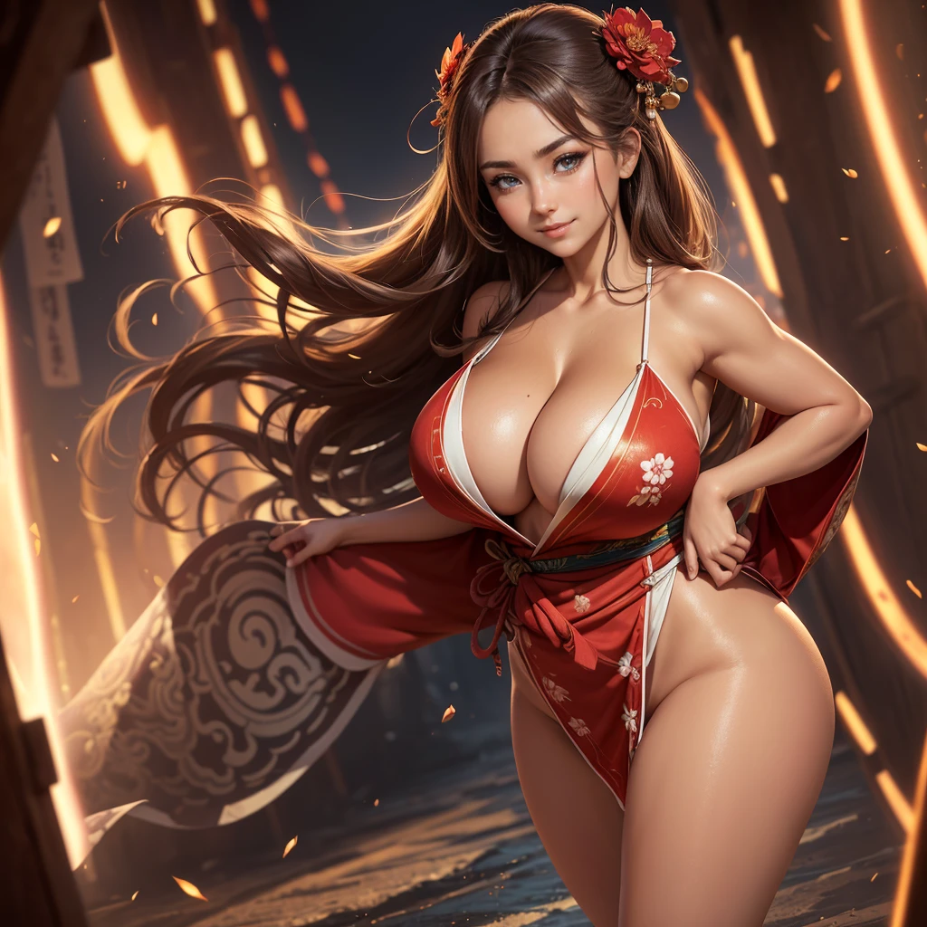 Highly detailed CG unit 8K wallpaper, masterpiece, High resolution, highest quality, highest quality real texture skin, Super Real, Digital Painting, Best image quality, 最High resolution, 8K, (((1 girl))), Very beautiful ager, ((Highly detailed eyes and face)), Beautiful eyes in every detail, Full Body Shot, beautiful kimonos, Red kimono, Japanese dress, Dazzling, chinese style embroidery, disproportionate breasts, huge breasts, (sideboobs), ((sagging breasts:1.5, gigantic breasts, Cleavage:1.5, curvy, erect nipple, ,((tanned skin)), smile, grin, Strong winds, typhoon, light brown hair,