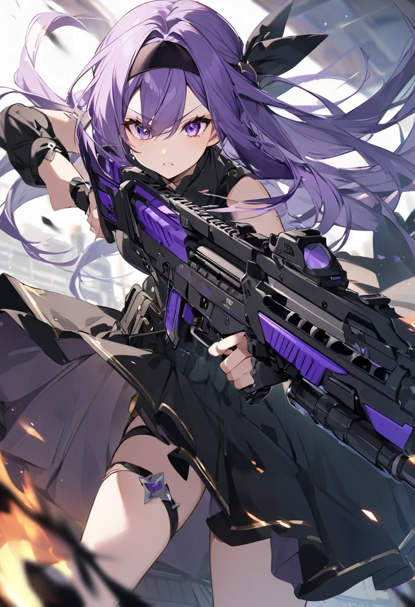 Keito。purple eye。purple Hair。holding purple assault rifle。black headband。long hair。wearing black dress。princess。action shot。ammo belt。