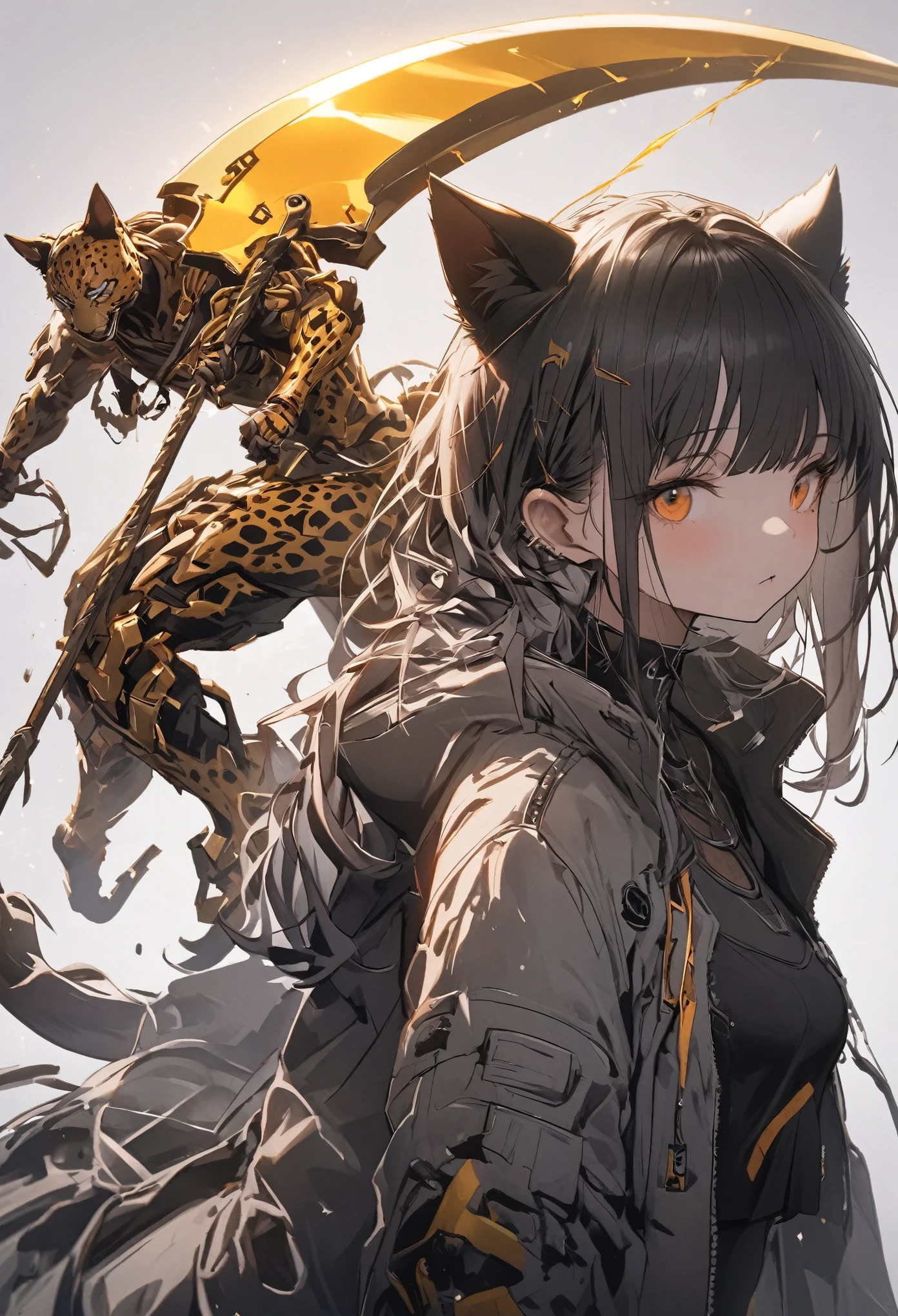 Detailed silhouette of a cyberpunk girl with cat ears and a tail, Flowing, Tattered coat, He carries a giant golden scythe with a mechanical cheetah design on it., Stand on the glossy, Minimalist reflective surface, Soft Gray Background.
