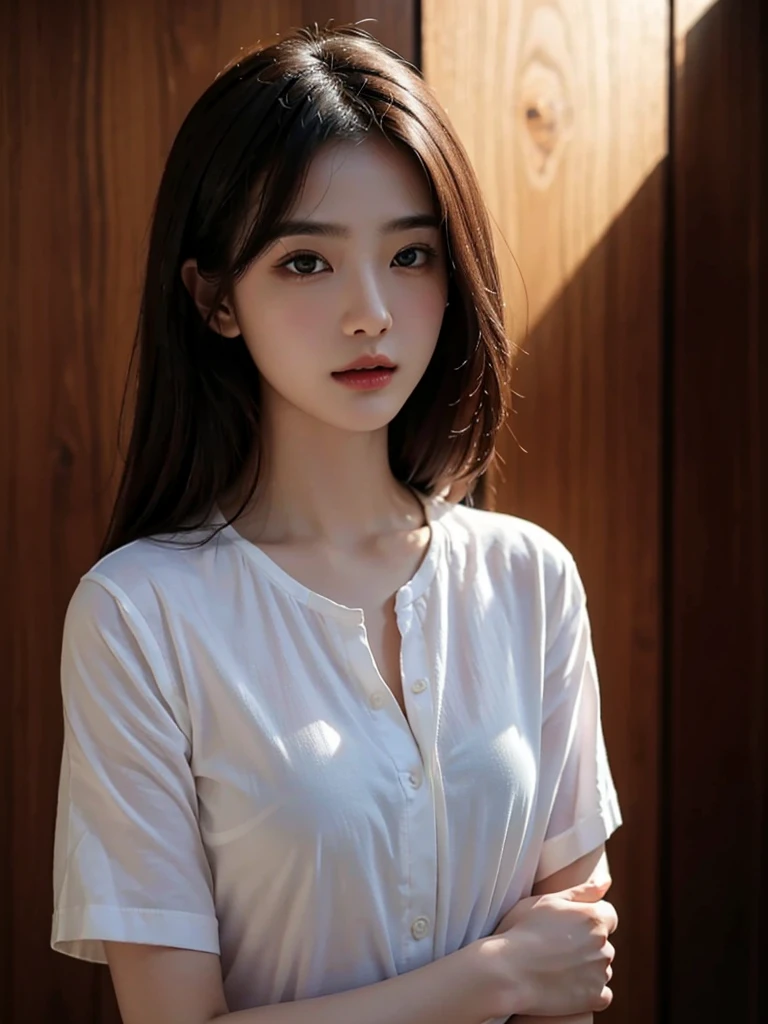 Highest quality、masterpiece、Ultra-high resolution、(Realism:1.4)、1 girl、In a pale background、Deep Shadow、Low Key、Shortcuts、Upper Body、sex appeal、Wearing a shirt