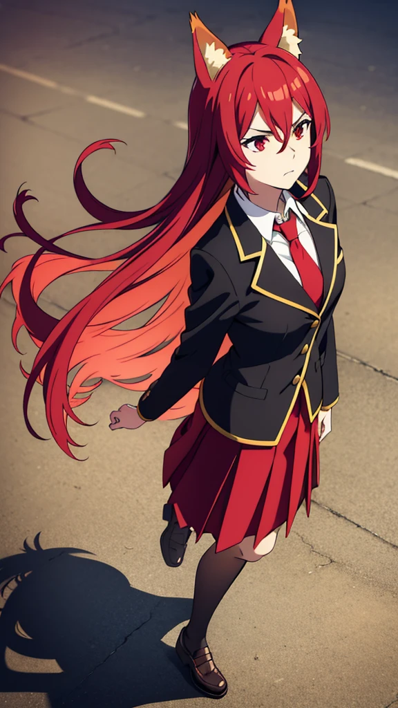 1girl ,20s,mature female,serious face,solo,red hair,red eyes,long hair,fox ears,hair ween eyes,(simple background),necktie,black jacket, blazer,long sleeves,pleated skirt,full body,from back,(looking back),walking(from above)