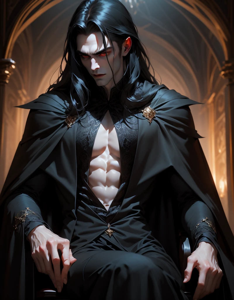 {anatomy}(Masterpiece - Ultra-detailed, very high resolution) Prepare to be enchanted by a true masterpiece that combines ultra-detailed art with high-resolution rendering. This work portrays a vampire man with long black hair (1.3) and captivating golden eyes (1.2), emanating an aura of mystery in dark settings. The intricate details and realistic textures invite you to explore every aspect of this enchanting composition. Vampire man wearing black cloak. Serious expressions. Pale skin like a vampire. Back. Seated. Standing. Next to.