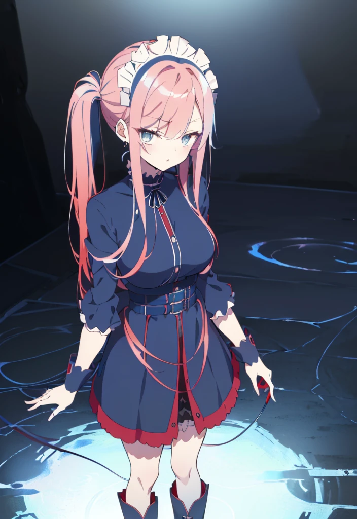 [(underground waterway background:1.4)::5],original,(illustration:1.1),(best quality),(masterpiece:1.1),(extremely detailed CG unity 8k wallpaper:1.1), (colorful:0.9),(mid shot:0.95),(full body:1.5),Dynamic angle,(solo:1.2), (girl),((adult)), (detailed beautiful eyes:1.15), (beautiful face:1.15), (glowing red eyes:1.25////),((medium hair)),((split-color hair , red hair , light blue hair)),(high twintails),(chignon),(+perfect hand+:1.21),(Draw an illustration of a gothic girl),(Religious),(slender),(is wearing boots on her feet),((is wearing white maid clothes)),(furious), Lace Off-shoulder ta fashion,beautiful slender woman,high twintails,full body,mini skirt,((split-color hair , red hair , light blue hair)),((black long boots)),((mini skirt)),((adult)),((dynamic angle)),((split-color hair , red hair , light blue hair)),((split-color hair , red hair , light blue hair)),((black long boots)),((black long boots)),((split-color hair , red hair , light blue hair)),((split-color hair , red hair , light blue hair)),