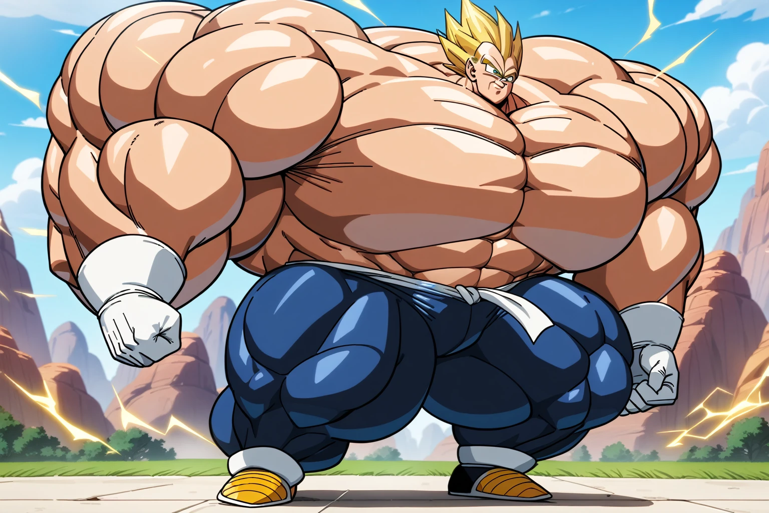 1boy, Vegeta, from Dragon Ball Z, masterpiece, best quality, very aesthetic, absurdres, saiyan, green eyes, spiked hair, (yellow hair:1.5), shirtless, blue skintight pants, white gloves, (huge muscles:2.5), Dragon Ball Z artstyle, in the style of Akira Toriyama, white tiled floor, outdoors, flat-top mountains, nipples, yellow aura, electricity