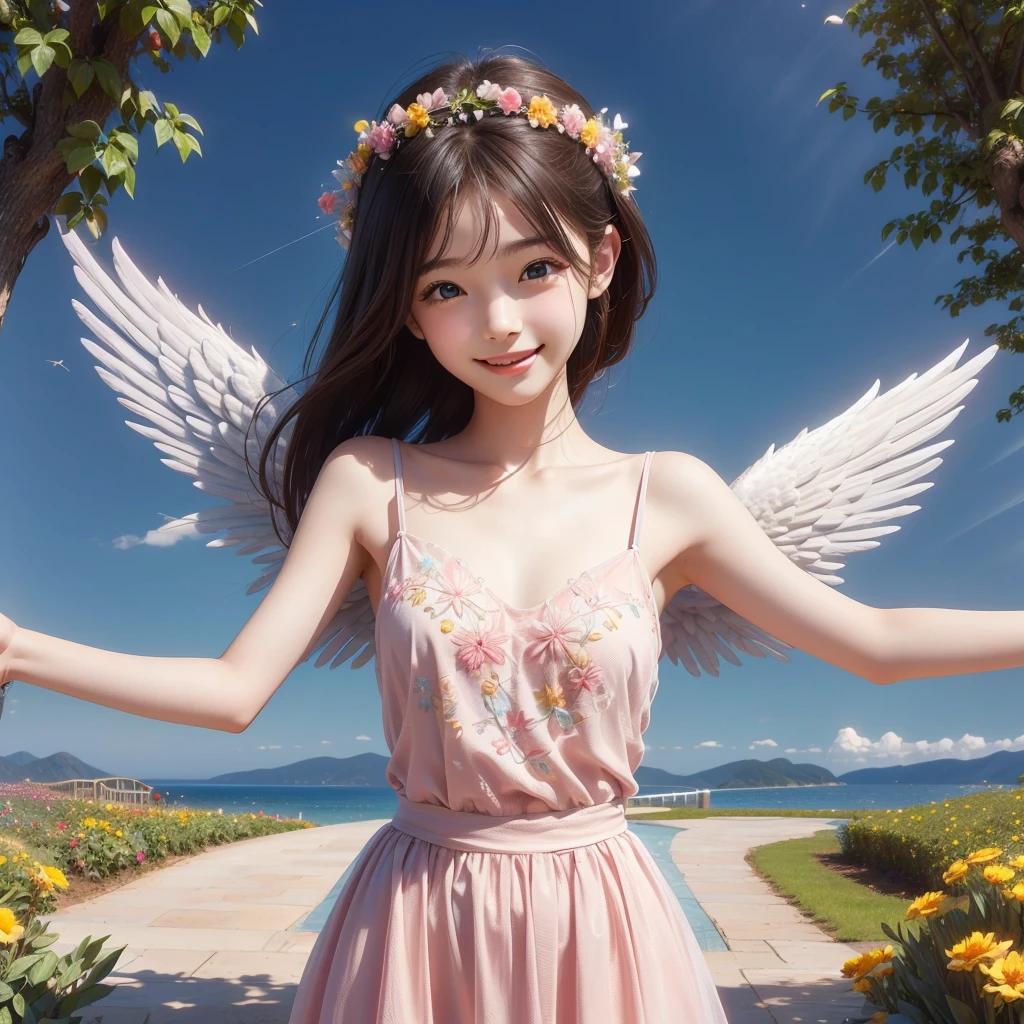 Angel Art, Everybody jumps, Sensual smile, joy, heaven, like, garden, happiness, Light, Let me、Highest quality、4ｋ、Real、Realistic photo、