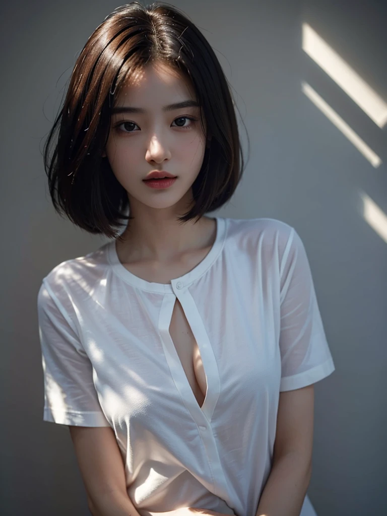 Highest quality、masterpiece、Ultra-high resolution、(Realism:1.4)、1 girl、In a pale background、Deep Shadow、Low Key、Shortcuts、Upper Body、sex appeal、Wearing a shirt