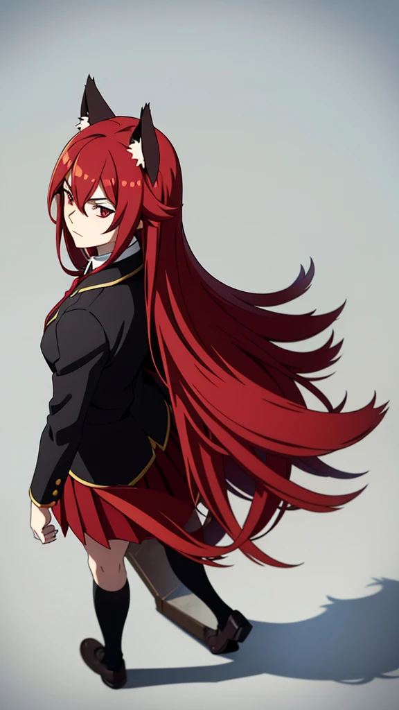 1girl ,20s,mature female,serious face,solo,red hair,red eyes,long hair,fox ears,hair between eyes,(simple background),necktie,black jacket, blazer,long sleeves,pleated skirt,full body,from back,(looking back),walking(from above)