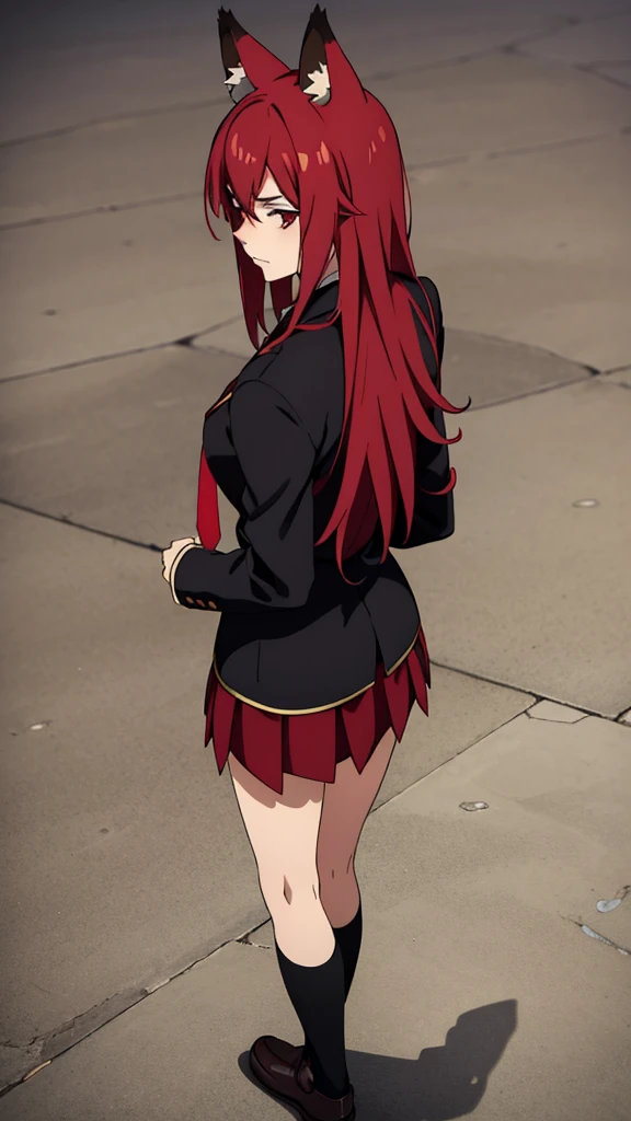 1girl ,20s,mature female,serious face,solo,red hair,red eyes,long hair,fox ears,hair between eyes,(simple background),necktie,black jacket, blazer,long sleeves,pleated skirt,full body,from back,(looking back),walking(from above)