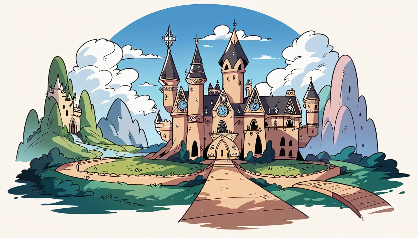 There is a bridge over the pond in front of the castle., castle setting, Rivendell, Castle in the background, 2022 Photos, Viking Palace, Very detailed, The background is Disneyland Castle, gothic Castle in the background, Castle in the background, fairy tale place, moat, mix with Rivendell architecture, Very Far Royal Steampunk Castle