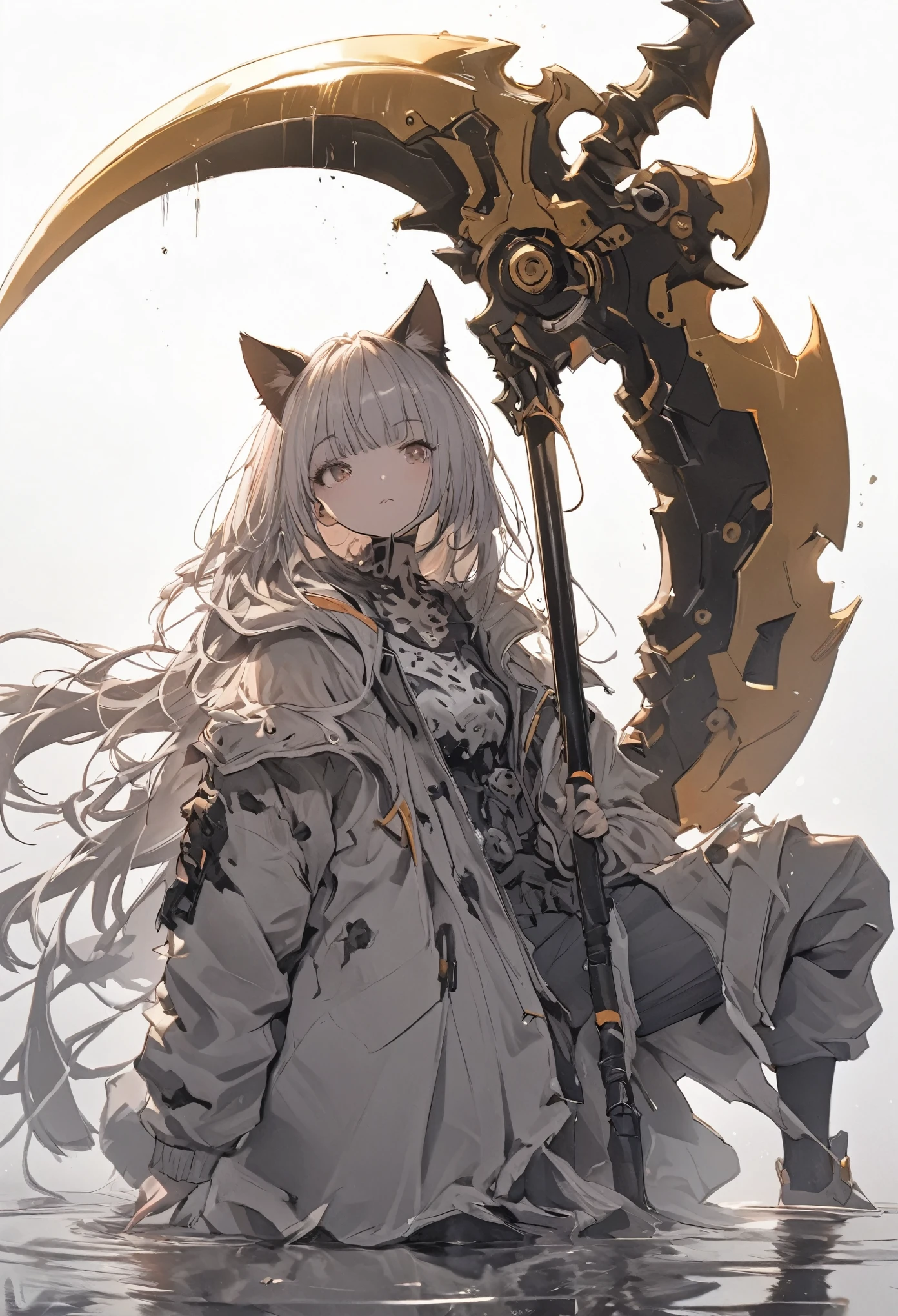 Detailed silhouette of a cyberpunk girl with cat ears and a tail, Flowing, Tattered coat, He carries a giant golden scythe with a mechanical cheetah design on it., Stand on the glossy, Minimalist reflective surface, Soft Gray Background.