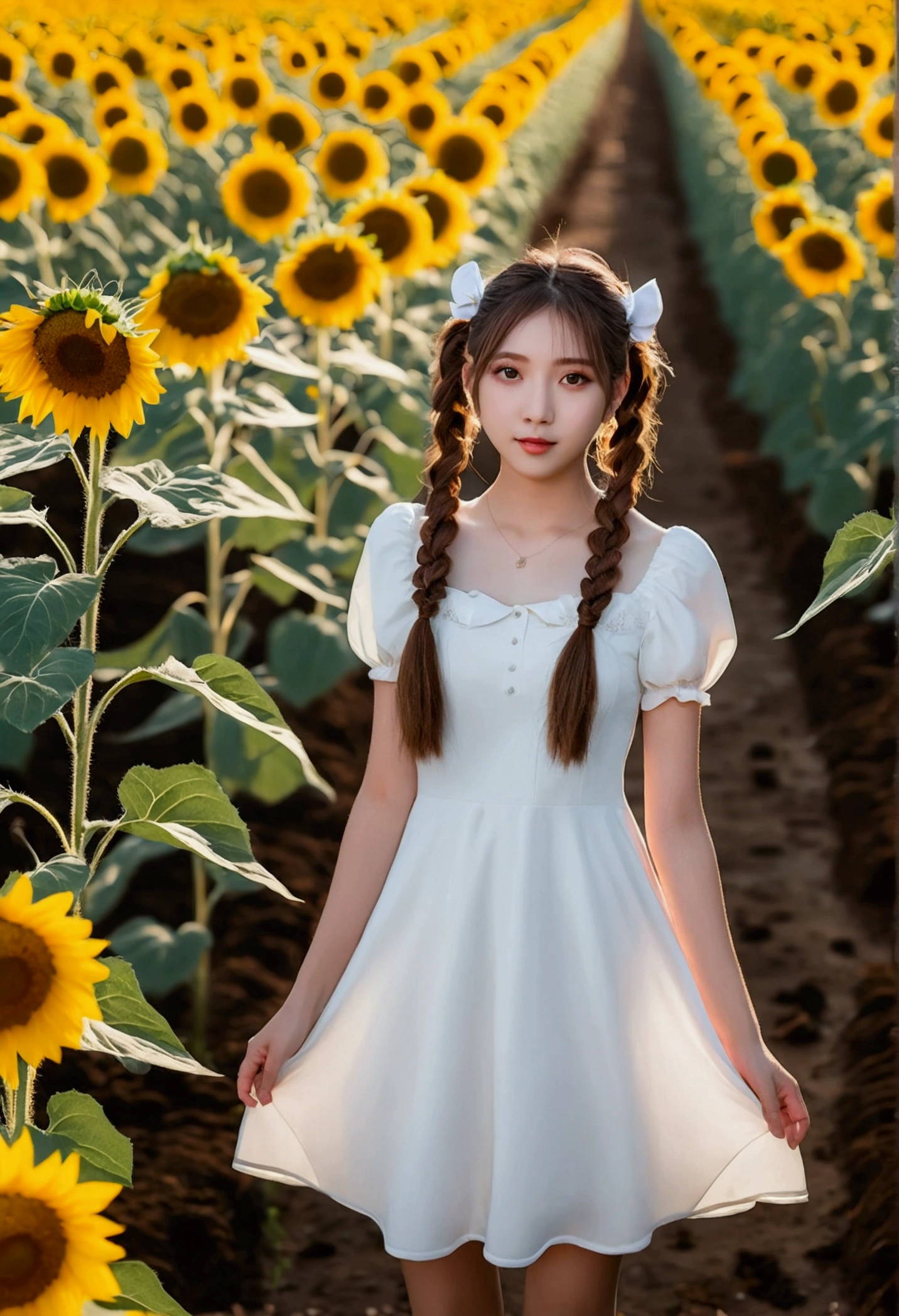 A girl with twin tails and a white dress in a sunflower field