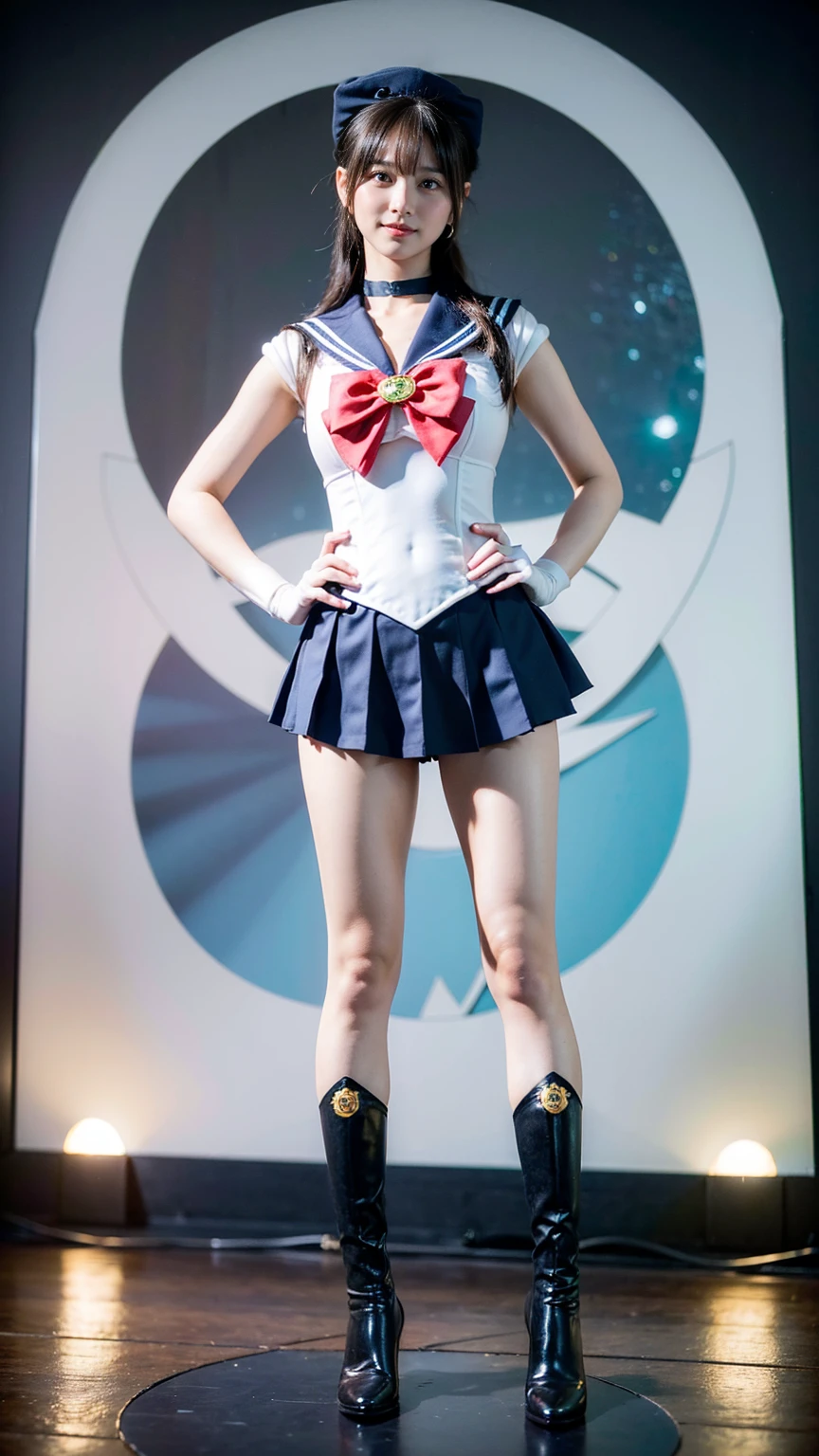 (8K、RAW Photos、Highest quality、masterpiece:1.2)、(Realistic、Realistic)、1 Girl、((Sailor Moon Costume:1.2、Thin legs、whole body、View from the front、smile、Looking into the camera、Stand with hands on hips))、cute