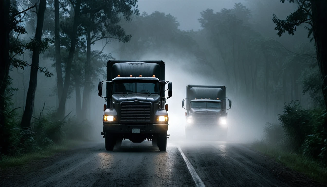 Create a dark and eerie thumbnail for a YouTube video titled 'Scary Truck Drive Story'. The image should feature a large, menacing trailer with headlights piercing through a foggy night on a deserted road. The truck should look old and slightly damaged, with an ominous presence. The background should be a dark, misty forest, adding to the sense of isolation and fear. Include subtle details like faint shadows or ghostly figures in the fog to enhance the scary atmosphere. The overall color scheme should be dark, with shades of black. Ensure the image conveys a sense of suspense and horror, making viewers feel intrigued and frightened.