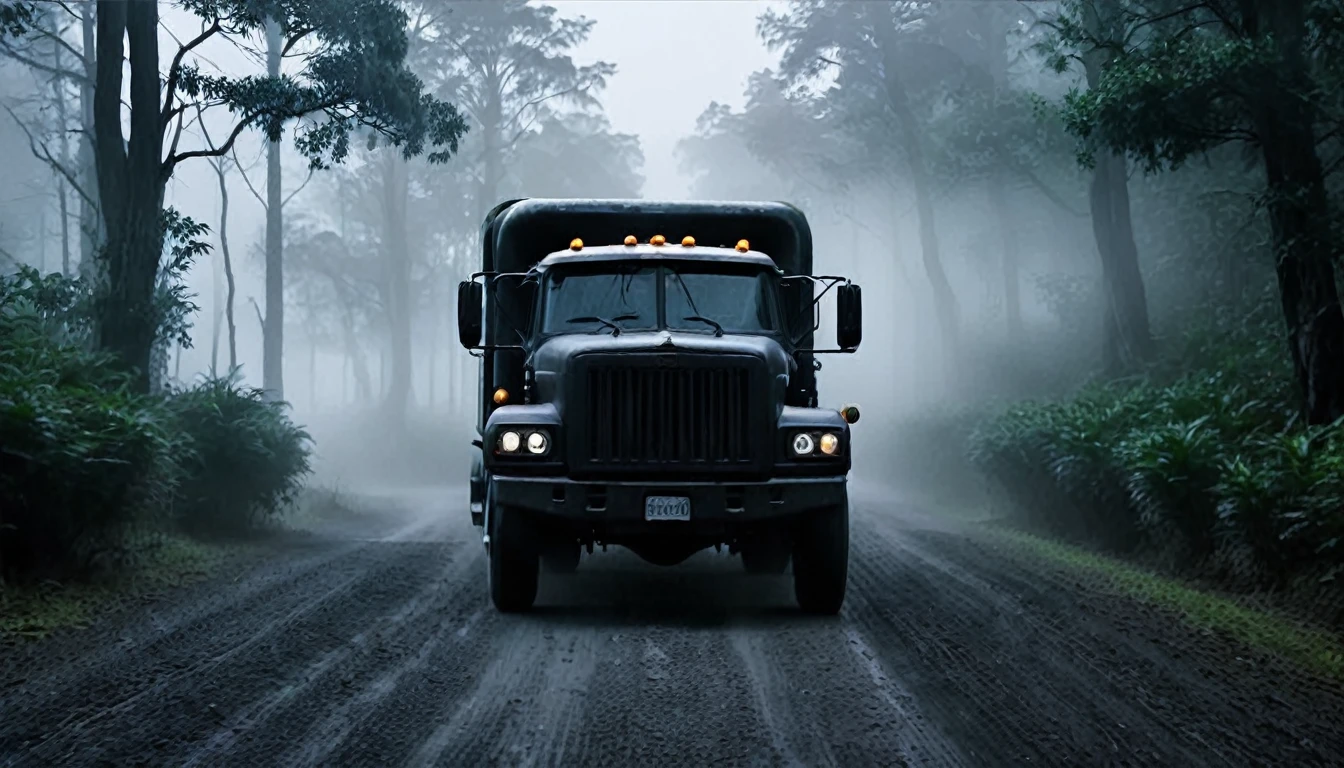Create a dark and eerie thumbnail for a YouTube video titled 'Scary Truck Drive Story'. The image should feature a large, menacing trailer with headlights piercing through a foggy night on a deserted road. The truck should look old and slightly damaged, with an ominous presence. The background should be a dark, misty forest, adding to the sense of isolation and fear. Include subtle details like faint shadows or ghostly figures in the fog to enhance the scary atmosphere. The overall color scheme should be dark, with shades of black. Ensure the image conveys a sense of suspense and horror, making viewers feel intrigued and frightened.