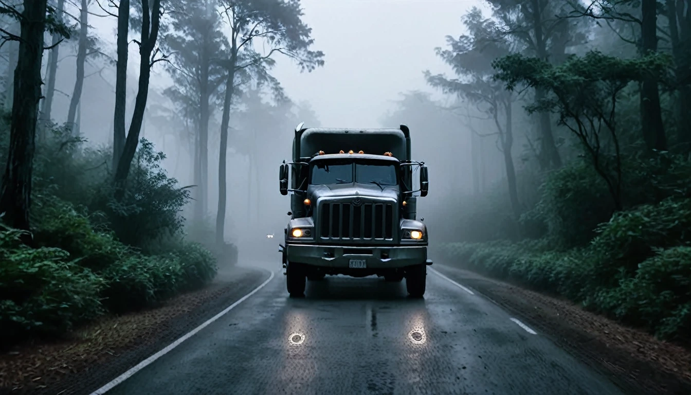 Create a dark and eerie thumbnail for a YouTube video titled 'Scary Truck Drive Story'. The image should feature a large, menacing trailer with headlights piercing through a foggy night on a deserted road. The truck should look old and slightly damaged, with an ominous presence. The background should be a dark, misty forest, adding to the sense of isolation and fear. Include subtle details like faint shadows or ghostly figures in the fog to enhance the scary atmosphere. The overall color scheme should be dark, with shades of black. Ensure the image conveys a sense of suspense and horror, making viewers feel intrigued and frightened.