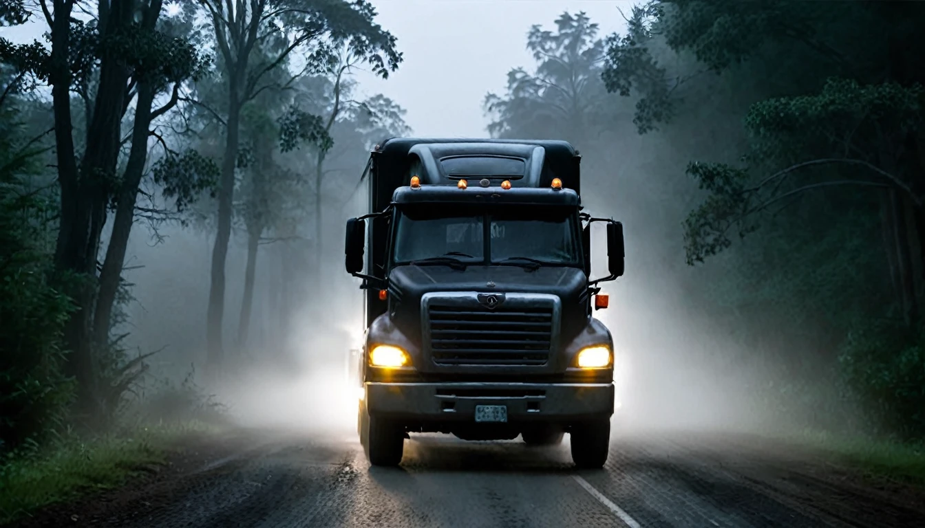 Create a dark and eerie thumbnail for a YouTube video titled 'Scary Truck Drive Story'. The image should feature a large, menacing trailer with headlights piercing through a foggy night on a deserted road. The truck should look old and slightly damaged, with an ominous presence. The background should be a dark, misty forest, adding to the sense of isolation and fear. Include subtle details like faint shadows or ghostly figures in the fog to enhance the scary atmosphere. The overall color scheme should be dark, with shades of black. Ensure the image conveys a sense of suspense and horror, making viewers feel intrigued and frightened.