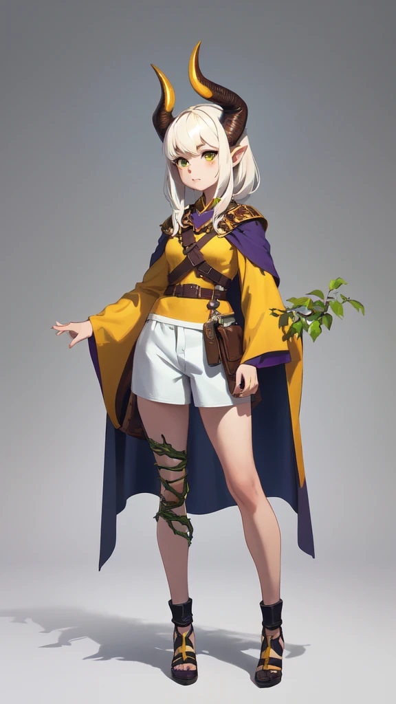 ((masterpiece,Best quality,8 k,A high resolution)),((character concept art)), 1 woman, young adult woman, Yellow medieval summer girl, concept, vines on the hand and horns from the vines, full length, whole body, magic hunter, White shorts, (standing still), (full body showcase), (показать whole body), (no logos on background), (no logo), ((simple background)), ((simple background)), (((empty background)))