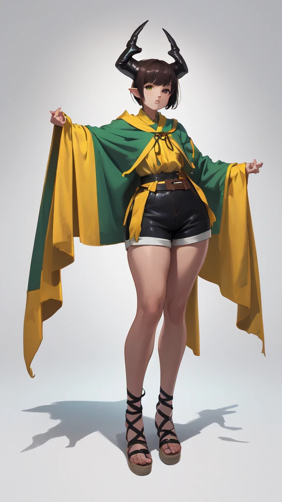 ((masterpiece,Best quality,8 k,A high resolution)),((character concept art)), 1 woman, young adult woman, Yellow medieval summer girl, concept, vines on the hand and horns from the vines, full length, whole body, magic hunter, White shorts,  (standing still), (full body showcase), (показать whole body), (no logos on background), (no logo), ((simple background)), ((simple background)), (((empty background)))
