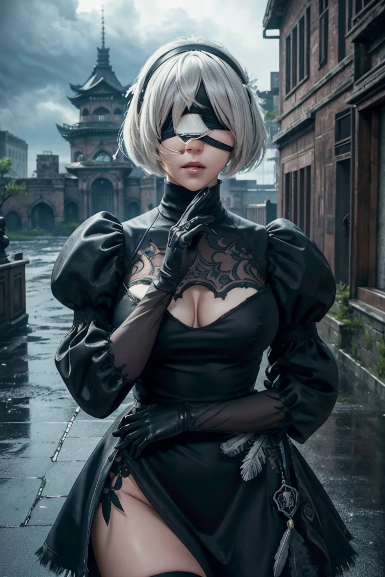 2B Nier Automata,Bobcut, Gray Hair,Long sleeve, Juliet Sleeve, White gloves, turtleneck, bangs, Feather ornament, Feather ornament sleeves, Blindfold, Black Goth Dress,Japanese Ultra HD,super high quality,masterpiece,Digital SLR,Photorealistic,Detailed details,Vivid details,Depicted in detail,A detailed face,Detailed details,Super Detail,Realistic skin texture,Anatomical basis,Perfect Anatomy,Anatomically correct hand,Anatomically correct fingers,Complex 3D rendering,Sexy pose,Rainy Sky,Beautiful scenery,Fantastic rainy sky,Fantasy worldview,Picturesque,Pink Lips,Black butterfly々Fluttering,A ruined world,A devastated battlefield,ruins,