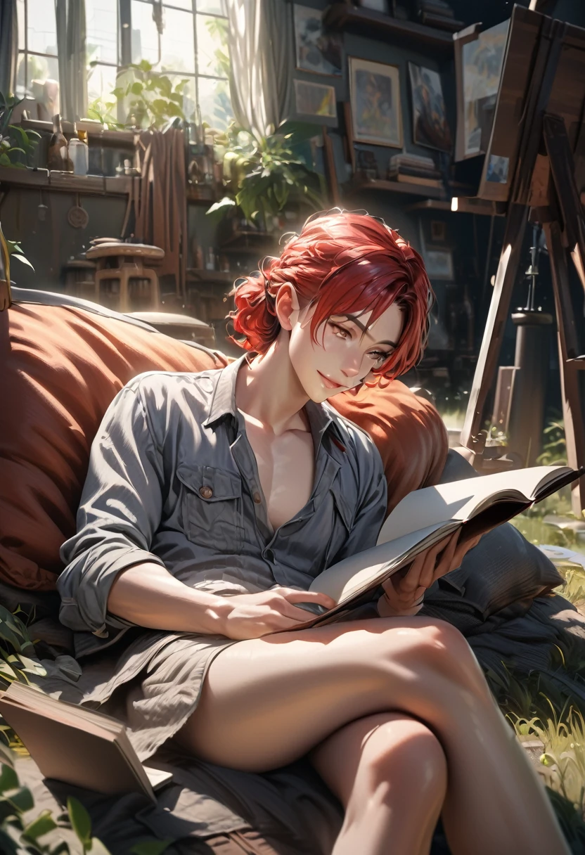 a young man, man, reading alone, lying on grass, tall and slim, youthful face, red hair, green eyes, fair skin, has a simple smile, crossed legs, reading a brown book, high quality, best quality, 4k, 8k, highres, masterpiece:1.2, ultra-detailed, realistic, photorealistic, photo-realistic:1.37, HDR, UHD, studio lighting, ultra-fine painting, sharp focus, physically-based rendering, extreme detail description, professional, vivid colors, bokeh, portrait