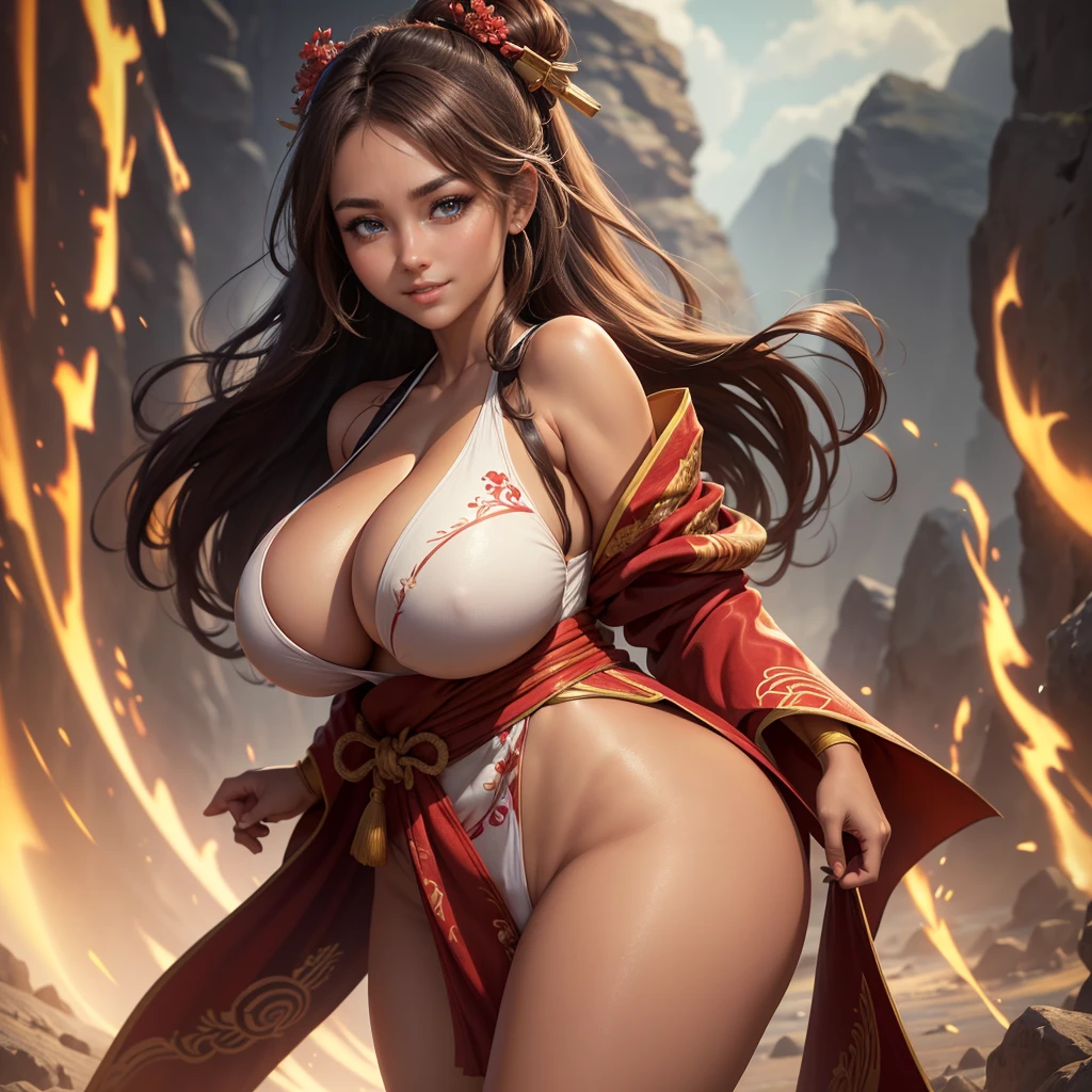 Highly detailed CG unit 8K wallpaper, masterpiece, High resolution, highest quality, highest quality real texture skin, Super Real, Digital Painting, Best image quality, 最High resolution, 8K, (((1 girl))), Very beautiful teenager, ((Highly detailed eyes and face)), Beautiful eyes in every detail, Full Body Shot, beautiful kimonos, Red kimono, Japanese dress, Dazzling, chinese style embroidery, disproportionate breasts, huge breasts, (sideboobs), ((sagging breasts:1.5, gigantic breasts, Cleavage:1.5, curvy, erect nipple, ,((tanned skin)), smile, grin, Strong winds, typhoon, light brown hair,