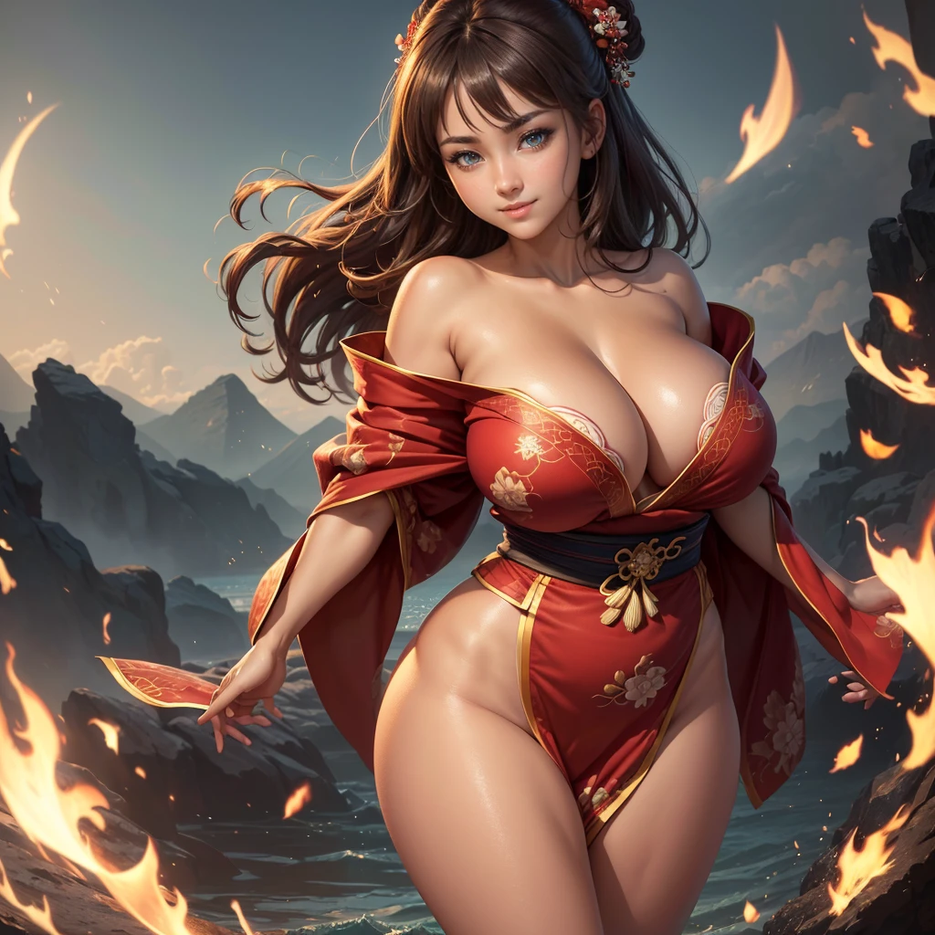 Highly detailed CG unit 8K wallpaper, masterpiece, High resolution, highest quality, highest quality real texture skin, Super Real, Digital Painting, Best image quality, 最High resolution, 8K, (((1 girl))), Very beautiful ager, ((Highly detailed eyes and face)), Beautiful eyes in every detail, Full Body Shot, beautiful kimonos, Red kimono, Japanese dress, Dazzling, chinese style embroidery, disproportionate breasts, huge breasts, (sideboobs), ((sagging breasts:1.5, gigantic breasts, Cleavage:1.5, curvy, erect nipple, ,((tanned skin)), smile, grin, Strong winds, typhoon, light brown hair,