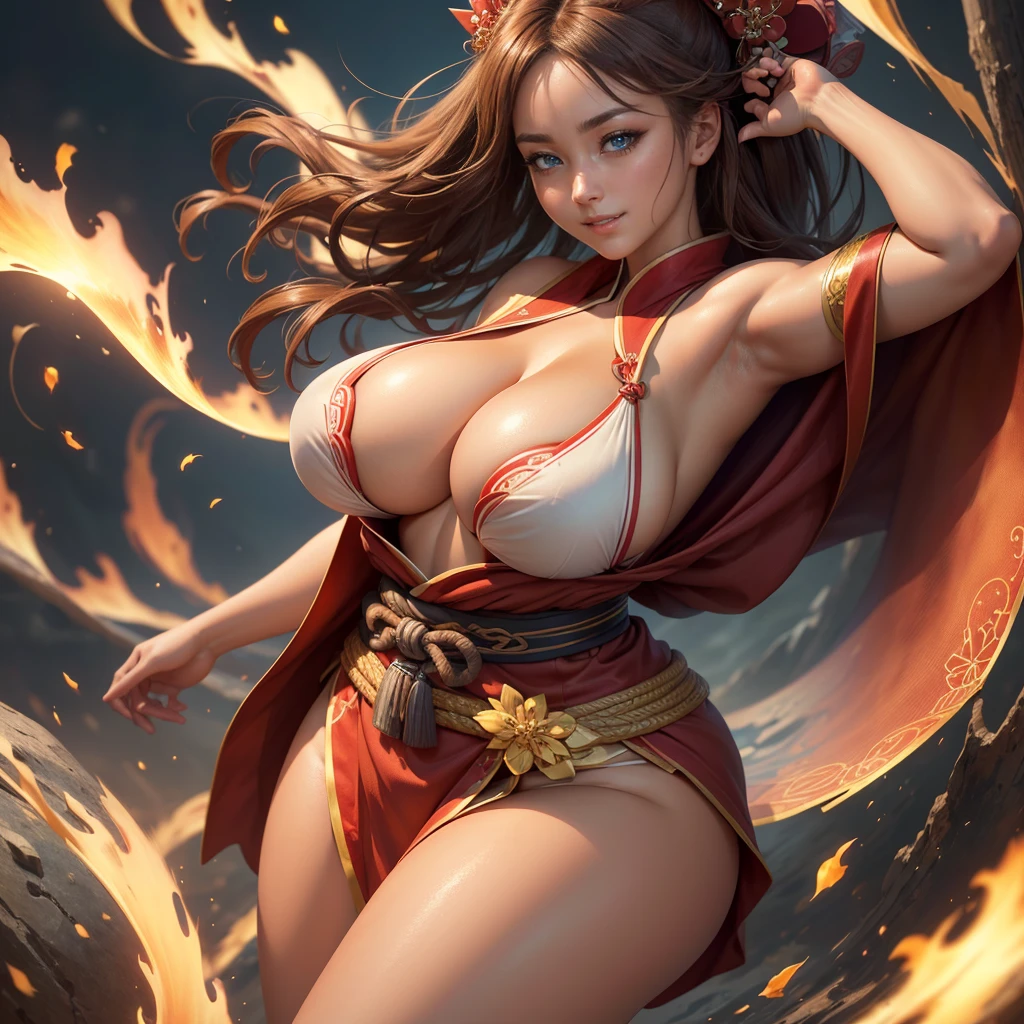 Highly detailed CG unit 8K wallpaper, masterpiece, High resolution, highest quality, highest quality real texture skin, Super Real, Digital Painting, Best image quality, 最High resolution, 8K, (((1 girl))), Very beautiful ager, ((Highly detailed eyes and face)), Beautiful eyes in every detail, Full Body Shot, beautiful kimonos, Red kimono, Japanese dress, Dazzling, chinese style embroidery, disproportionate breasts, huge breasts, (sideboobs), ((sagging breasts:1.5, gigantic breasts, Cleavage:1.5, curvy, erect nipple, ,((tanned skin)), smile, grin, Strong winds, typhoon, light brown hair,