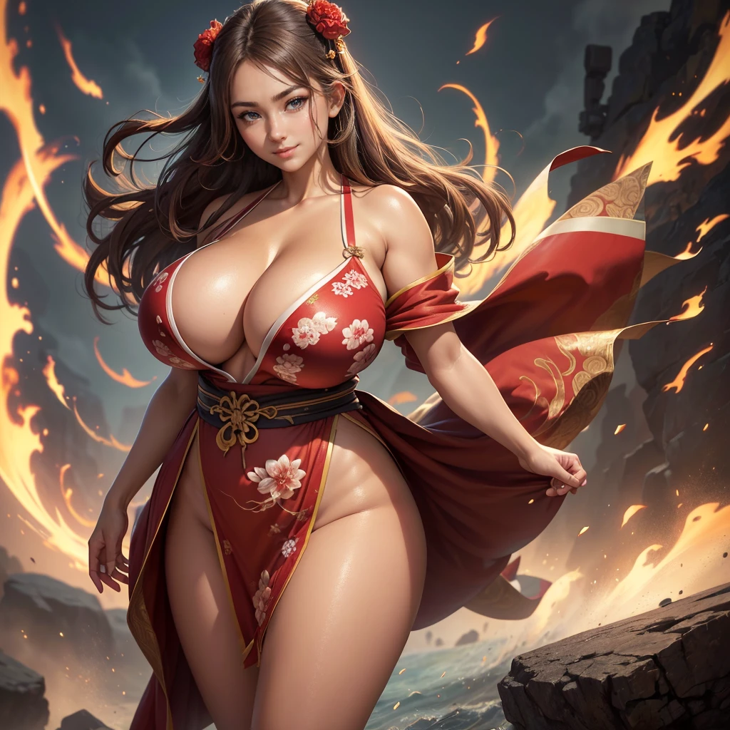 Highly detailed CG unit 8K wallpaper, masterpiece, High resolution, highest quality, highest quality real texture skin, Super Real, Digital Painting, Best image quality, 最High resolution, 8K, (((1 girl))), Very beautiful teenager, ((Highly detailed eyes and face)), Beautiful eyes in every detail, Full Body Shot, beautiful kimonos, Red kimono, Japanese dress, Dazzling, chinese style embroidery, disproportionate breasts, huge breasts, (sideboobs), ((sagging breasts:1.5, gigantic breasts, Cleavage:1.5, curvy, erect nipple, ,((tanned skin)), smile, grin, Strong winds, typhoon, light brown hair,