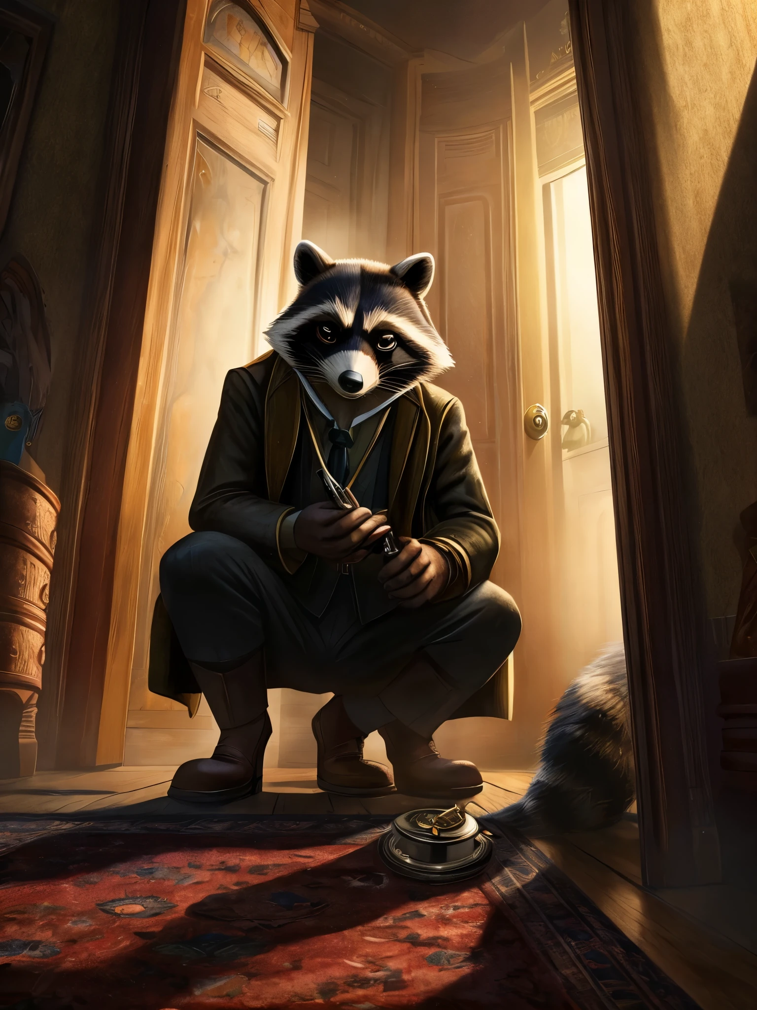 A raccoon detective investigates a crime scene, wearing a monocle and a trenchcoat, examining footprints on a carpet using a magnifying glass. the whole image looks like a movie still from a 1960s spy movie . The atmosphere is dark, but with good lighting on the raccoons face. On the right side, a small doorway illuminates a stuffy room , with dust shimmering in the light coming through the door. The raccoon is kneeling on the carpet, sniffing at some evidence