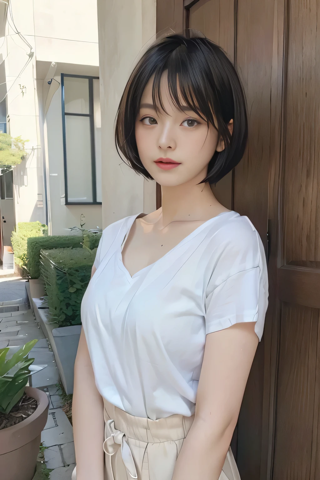 ((top-quality))、(masuter piece:1.4)、Raw photography、8K、((Top image quality))、 ((超A high resolution))、Beautiful face in every detail、Realistic human skin、Gentle expression、(1人の女性)、realisitic、Photorealsitic、(short-hair:1.4)、(cute little:1.4)、(Cute Japan Girls)、((Pretty Woman))、(Beautiful hair)、(((Red cheeks)))、((big eye))、20-year-old beauty、Straight hair、(Smaller face:1.4)、Smaller head、((long neck))、pale skin、Spot-free skin、With bangs、Everyone longs for、Beautiful female model in Japan、(White shirt)、Looking at the camera、Temptation、eight heads high、Haircut Models、